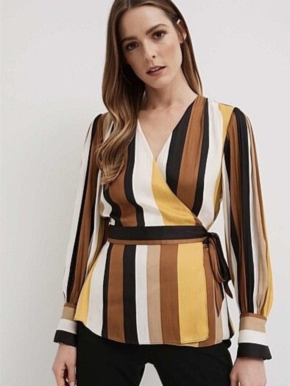 Witchery Womens Yellow Brown Striped Boho Party Neutral Wrap Blouse Top Size 4
